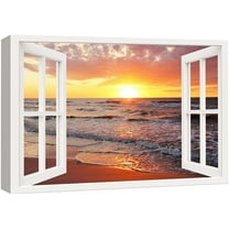 wall26 Canvas Print Wall Art Window View Orange Sun Sunset Sky Beach Ocean Waves Wilderness Nature Photography Realism Scenic Landscape Colorful Multicolor for Living Room, Bedroom, Office - 12"