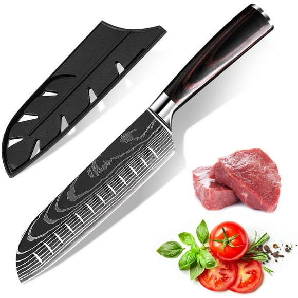 MDHAND Couteau Santoku de 7 Pouces, Couteau de Cuisine en Acier Inoxydable à Haute Teneur en Carbone à Motif Damas au Laser, Manche Ergonomique en Pakkawood, Découpe de Viande, Légumes et Fruits pour la Maison et le Restaurant