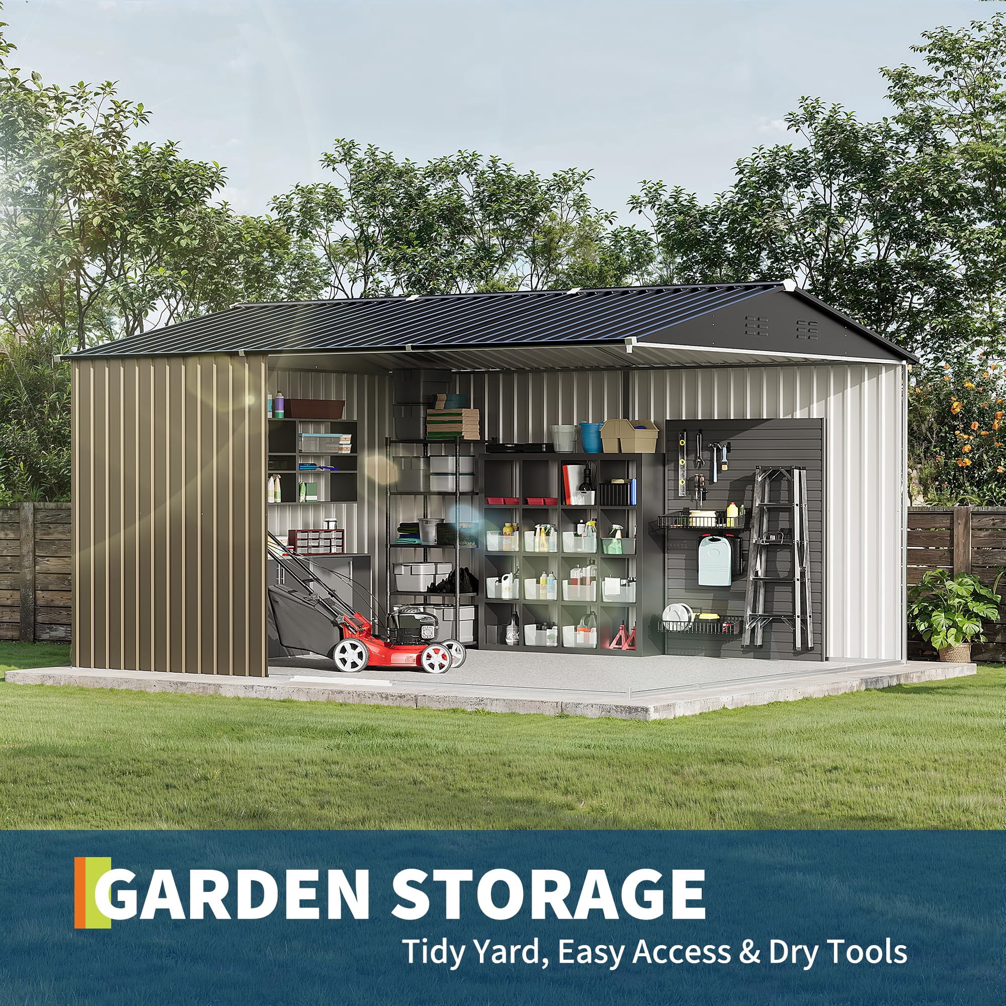 10X12 FT Storage Shed，Lockable Gable Roof Garden Shed with Grid Window, All-Weather Resistant Storage Unit for Bikes, Ladders, Patio Supplies & Garden Essentials