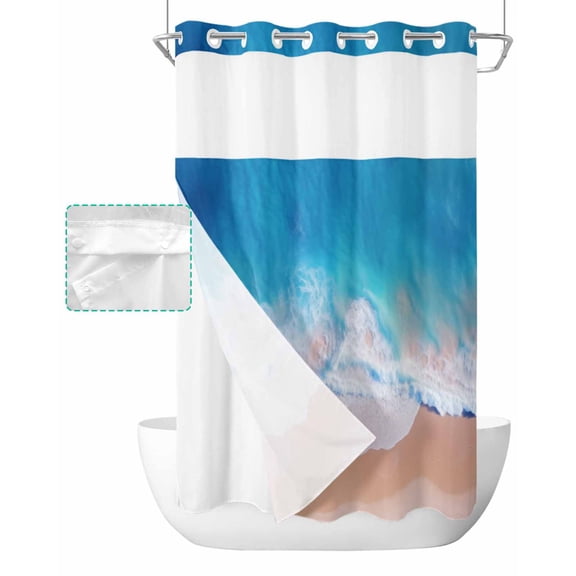 No Hook Shower Curtain with Snap in Liner, Summer Blue Ocean Beach Pattern Hotel Shower Curtains for Bathroom, Washable Shower Curtain Liner Set with Mesh Top Window, 54"x78"