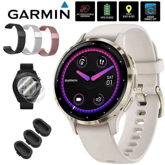 Garmin Venu 3S Health Fitness GPS Smartwatch Gold Steel Bezel with Ivory Case (41mm) 010-02785-04 Bundle with Deco Essentials 3x 18mm Metal Bands, 3x Silicone Dust Cover and 2x Screen Protector