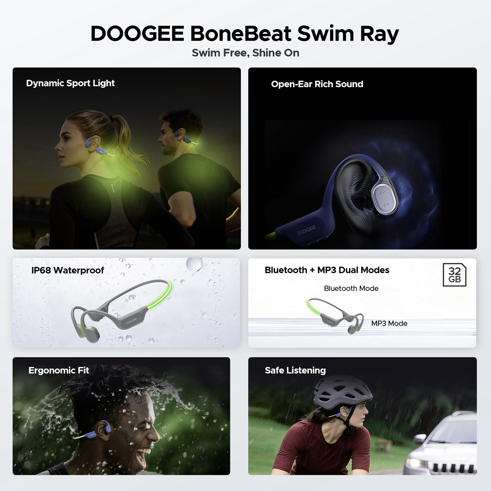 DOOGEE Bone Conduction Swimming Headphones, IP68 Waterproof Open Ear Headphones with 32GB MP3 Player, Bluetooth Audio and LED Safety Light
