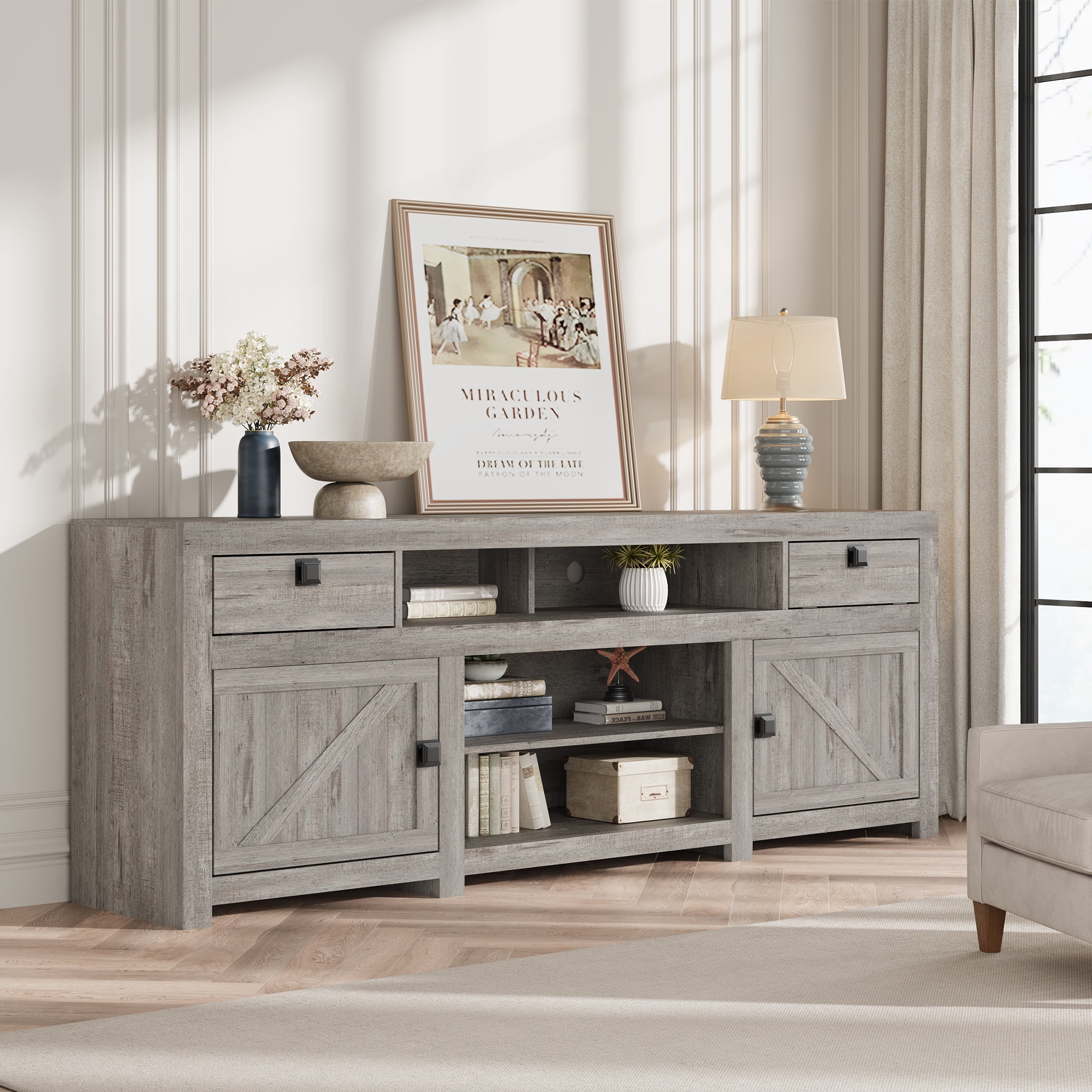 Farmhouse TV Stand for 80 Inch TVs, Long Entertainment Center with 4 Storage Doors & 3 Open Shelf, White Television Consoles Stands for Living Room, Bedroom