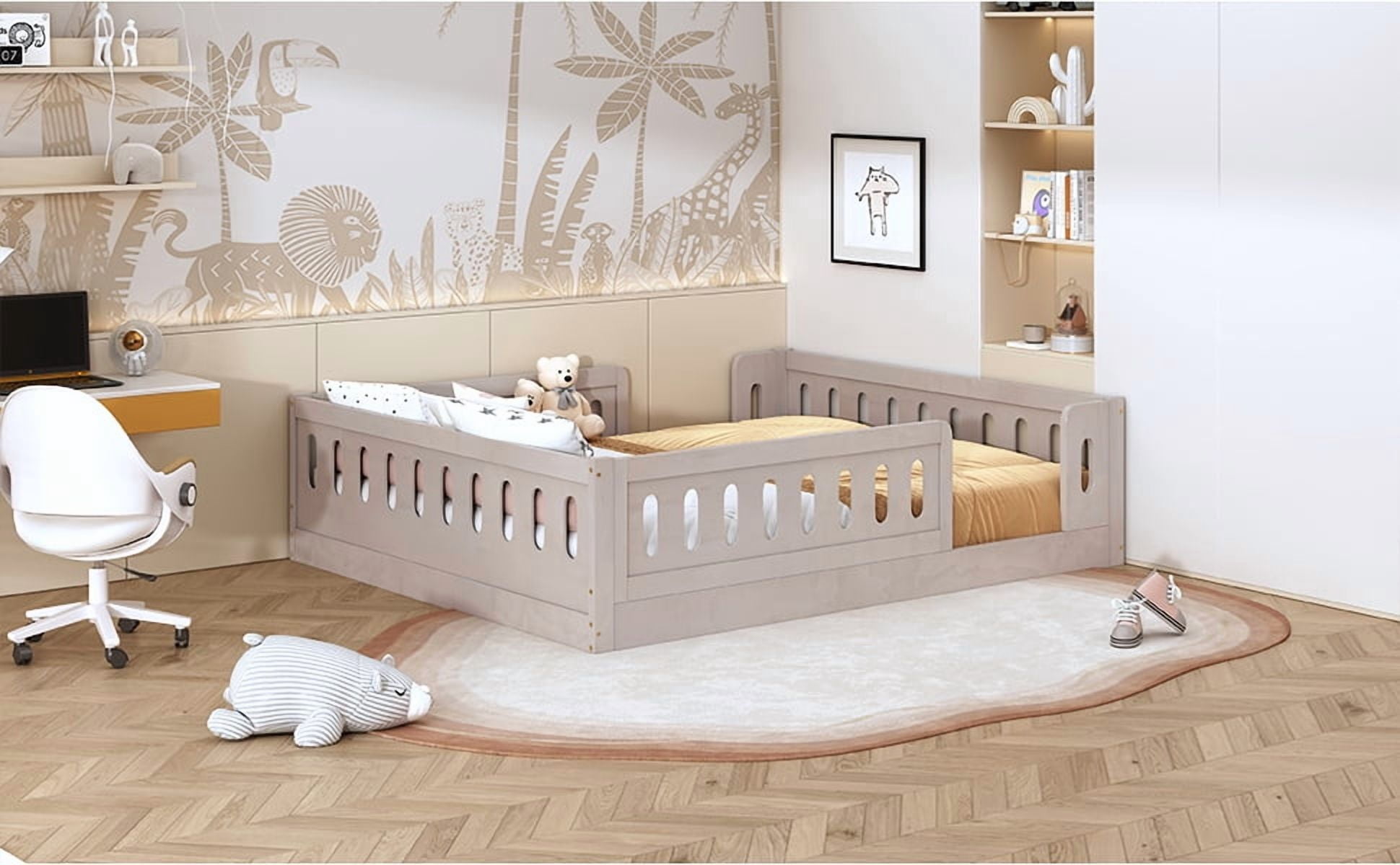 Solid Pine Wood Full Size Kids Platform Bed with Semi-Enclosed Safety Guardrail, Fits 6"-8" Mattress No Box Spring Needed Low Floor Bed