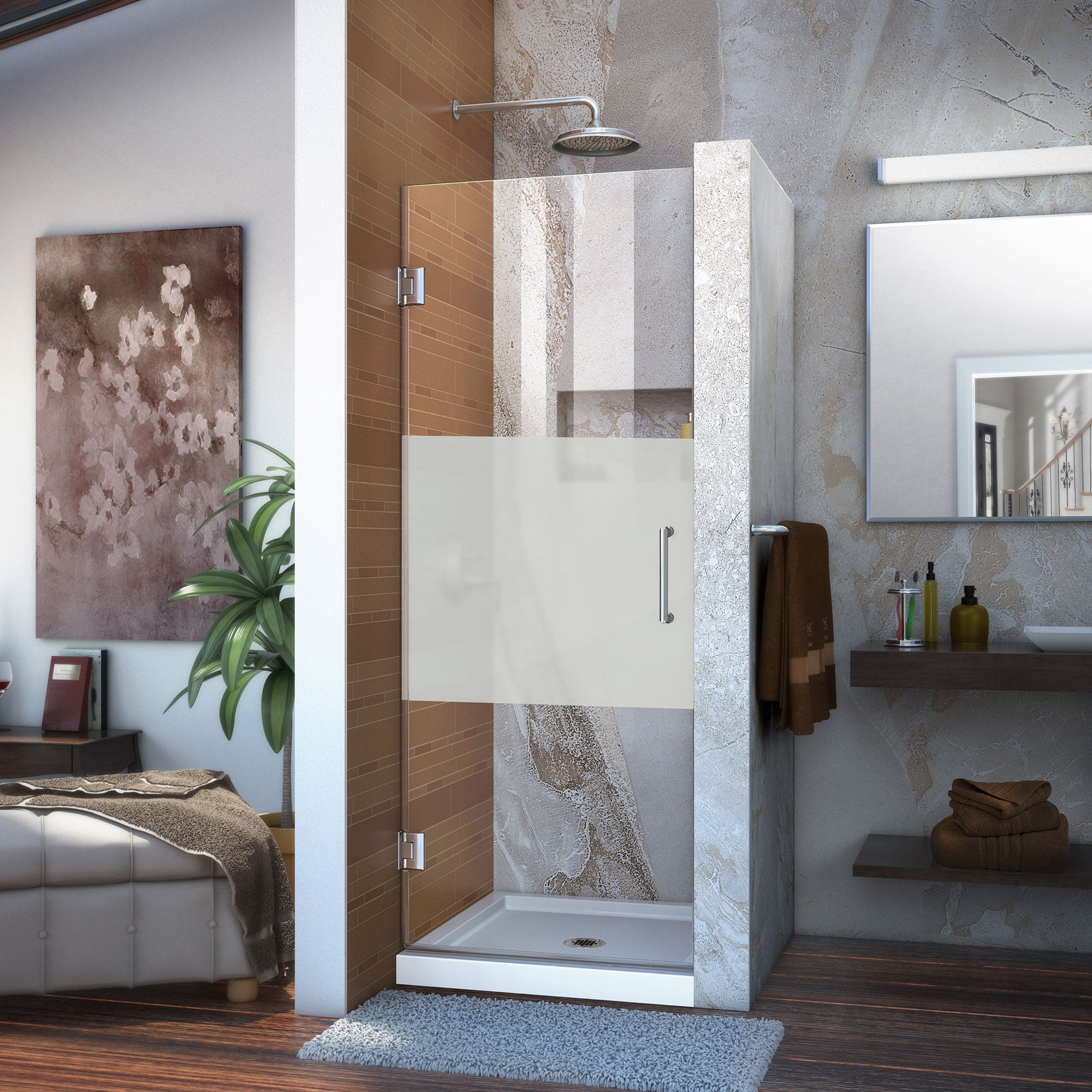 DreamLine Unidoor 29 in. W x 72 in. H Frameless Hinged Shower Door, Frosted Band Glass, in Chrome