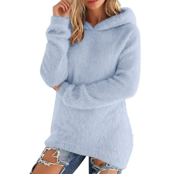 Women's Fuzzy Tunic Sweater Hoodies Long Sleeve Fluffy Plush Inrregular Hem Hooded Pullover Winter Tops (XL, Sky Blue)