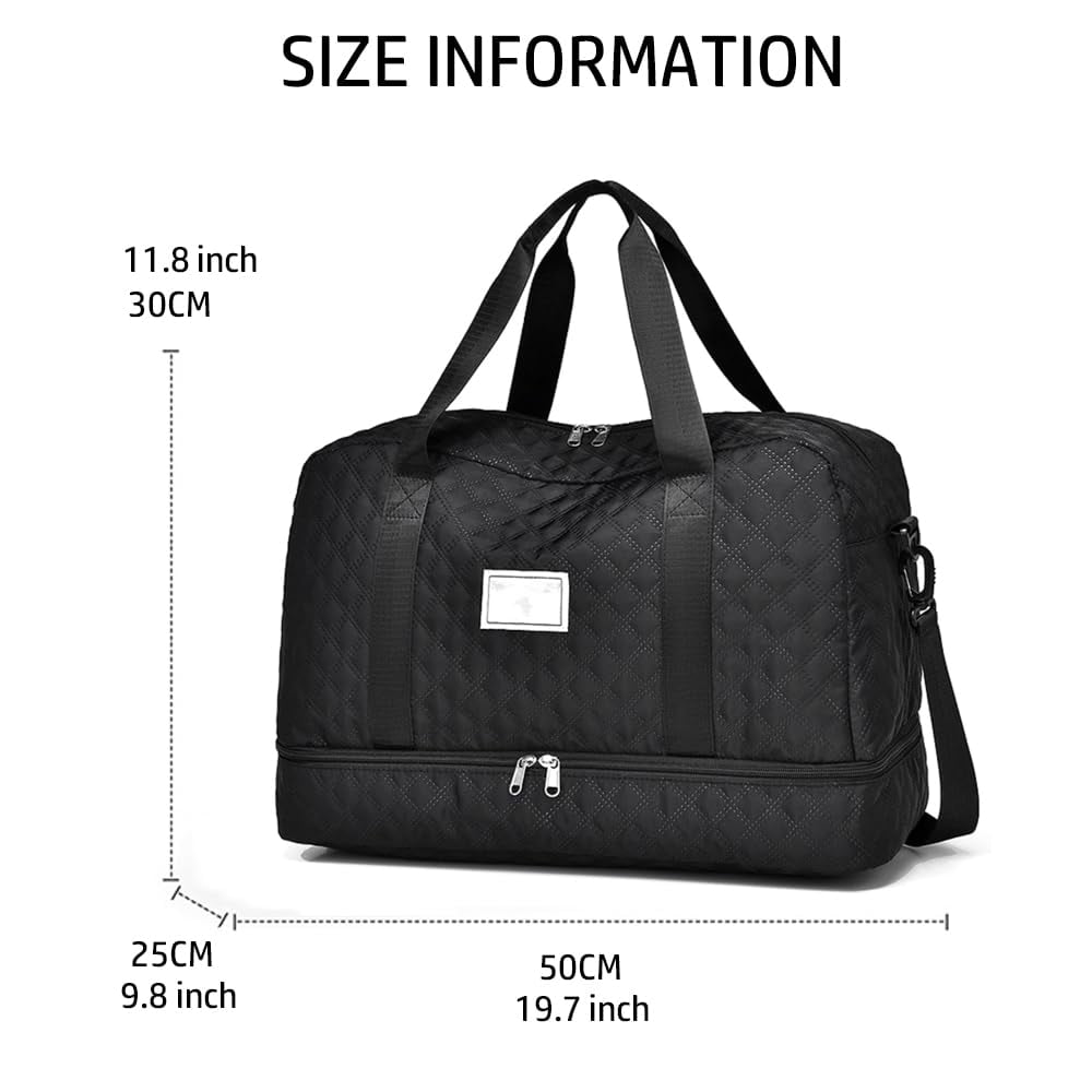 Travel Duffel Bag, Model for Women, with Wet Pocket, 1-Pack, Medium Size - Grid-black for Overnight, Gym, Hospital Use