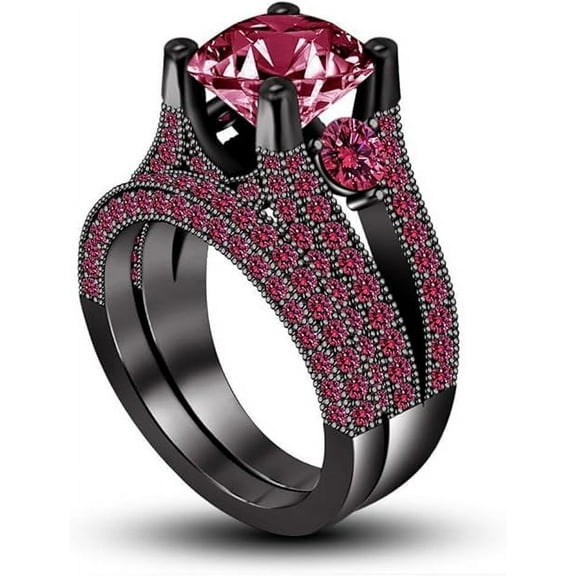 Divine Creation 2.50 Ct Round Cut Red Ruby Wedding Engagement Thanksgiving Christmas Bridal Ring Set 14K Black Gold Plated 925 Sterling Silver For Women's -5.5