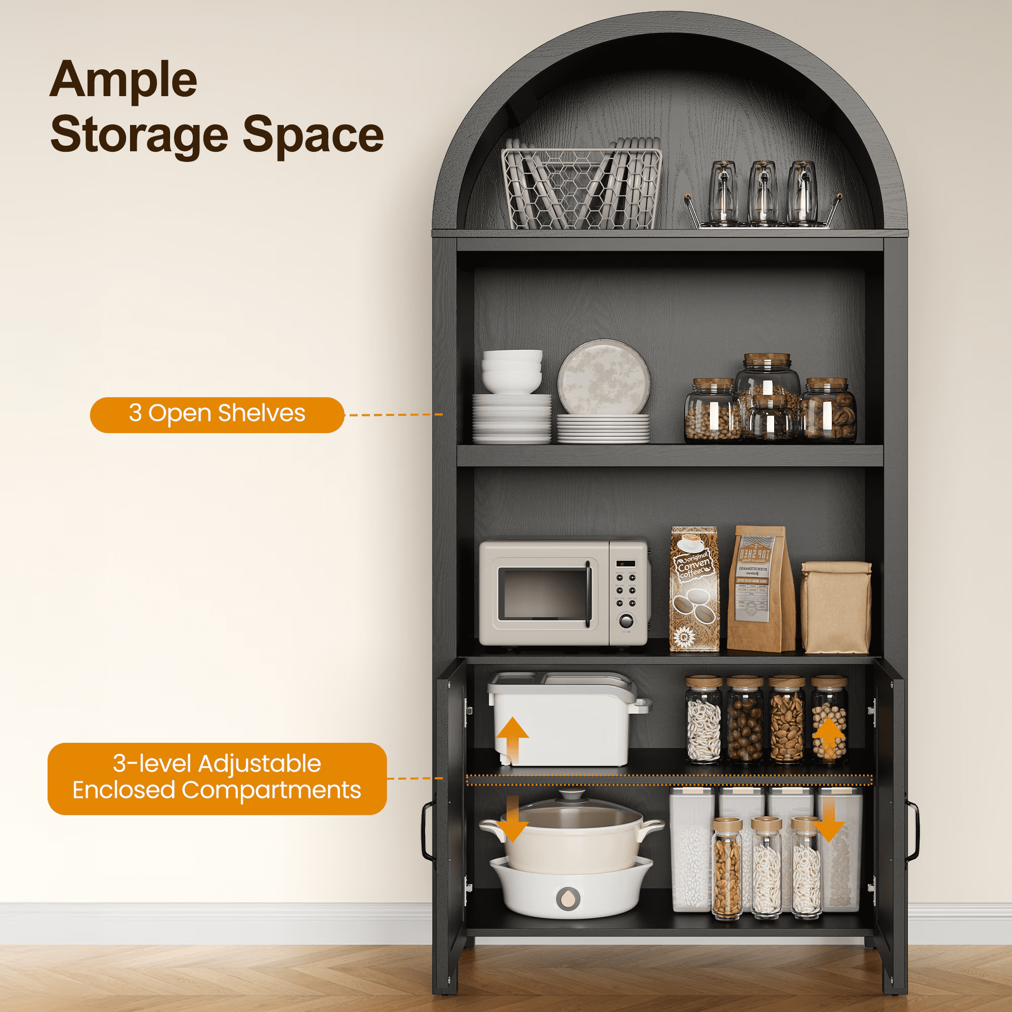 70" Arched Storage Cabinet with Doors, Boho Rattan Sideboard Buffet Cabinet with Adjustable Shelves, Tall Pantry Storage Table for Kitchen, Hallway, Dining Room, Living Room, Office, Black