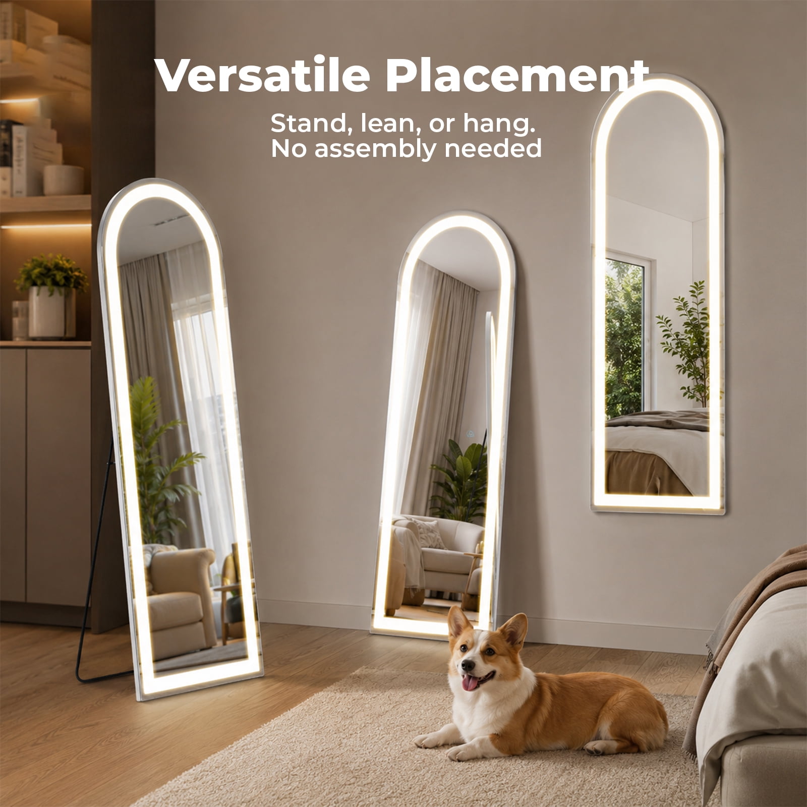 Alvantor Full Length Mirror with LED Lights, 16x60"-26x71" Lighted Full Body Floor Mirror with Dimming & 3 Color Lighting, Stand for Bedroom, Dressing Room, Rect/Arched