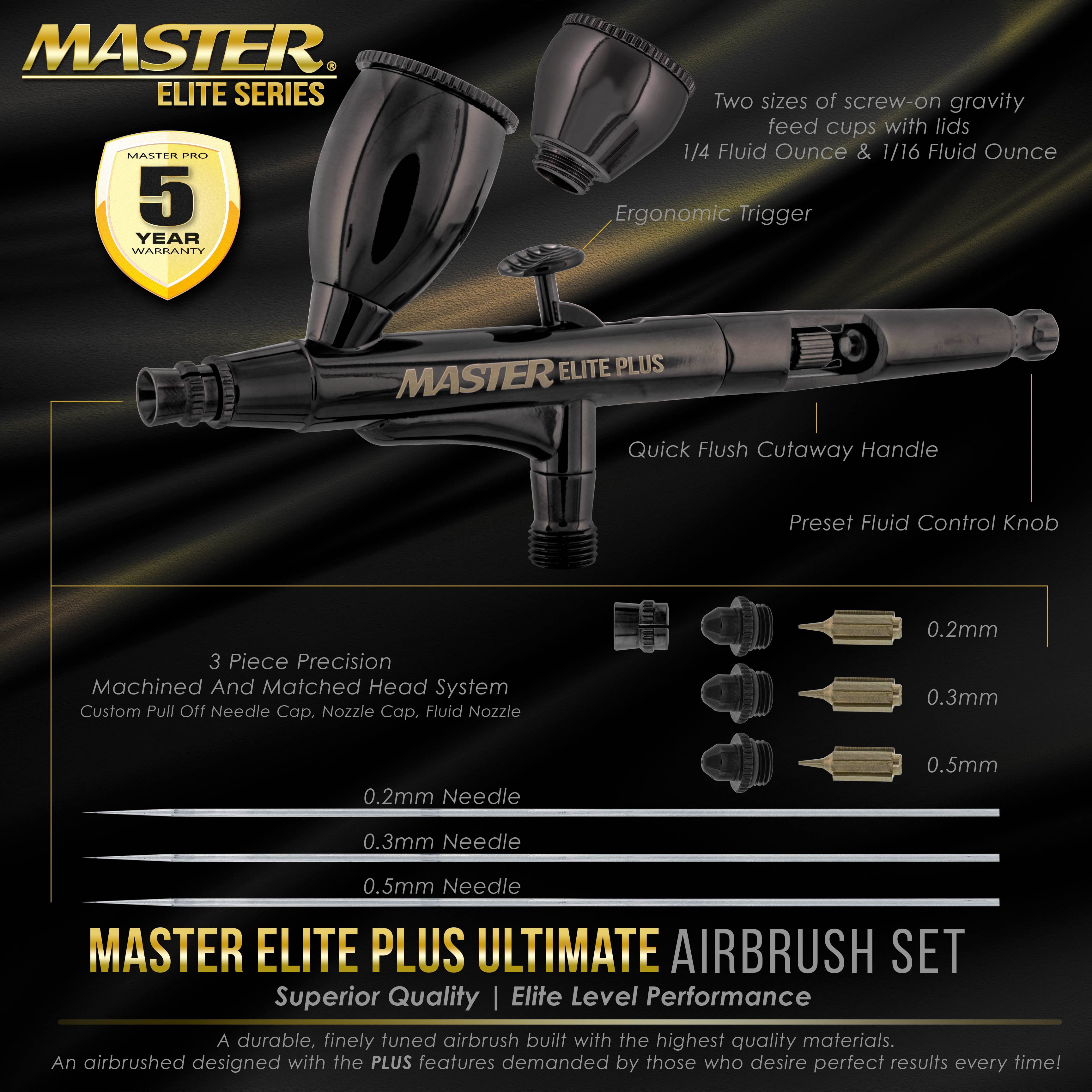 Master Airbrush Cool Runner II Dual Fan Air Compressor System Kit with Master Elite Plus Ultimate Airbrush Set with 3 Tips 0.2, 0.3 and 0.5 mm, Case, Dual-Action, 2 Cups Hose Holder, Filter - Hobby