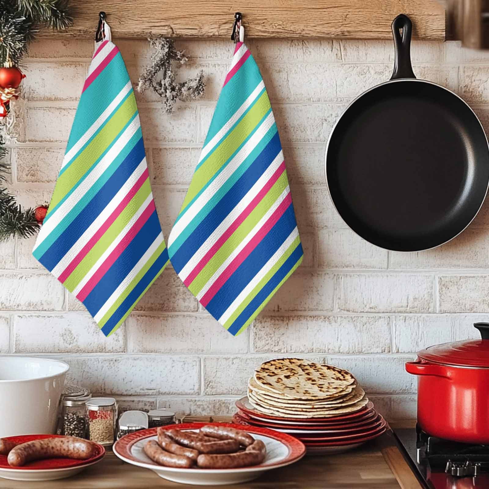 Dish Towels, Pink Blue Green Stripes Absorbent Kitchen Towels 2 PCS, Vertical Striped Lines Microfiber Hand Towels Dish Cloths Tea Towels for Home&nbsp;Bathroom Cleaning Drying,18X28-Inch,