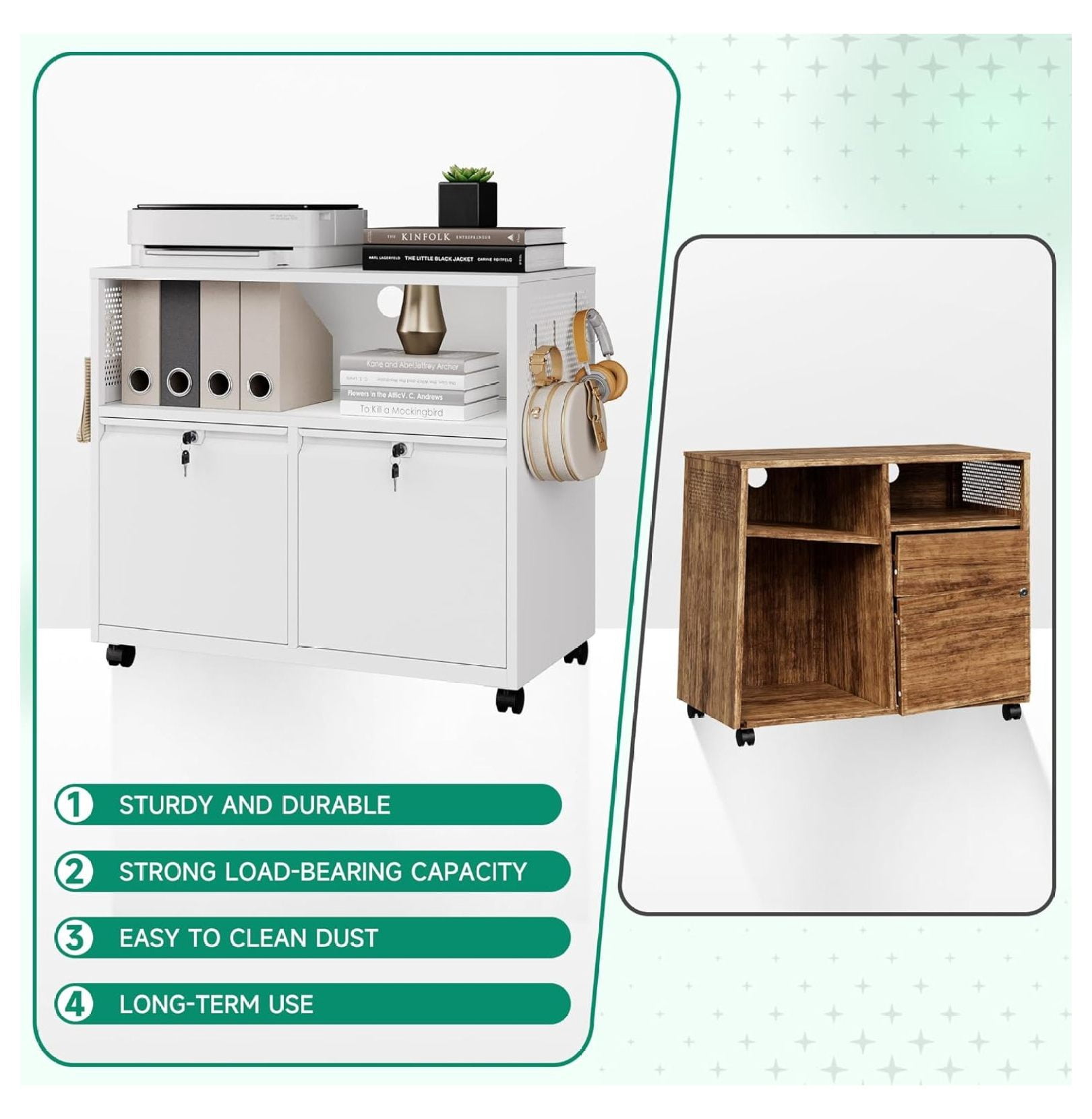WDZS Mobile 2 Drawer File Cabinet with Lock, Metal Lateral Printer Stand Filing Storage Cabinets with Shelves for Home Office-A4/F4/Letter (White)