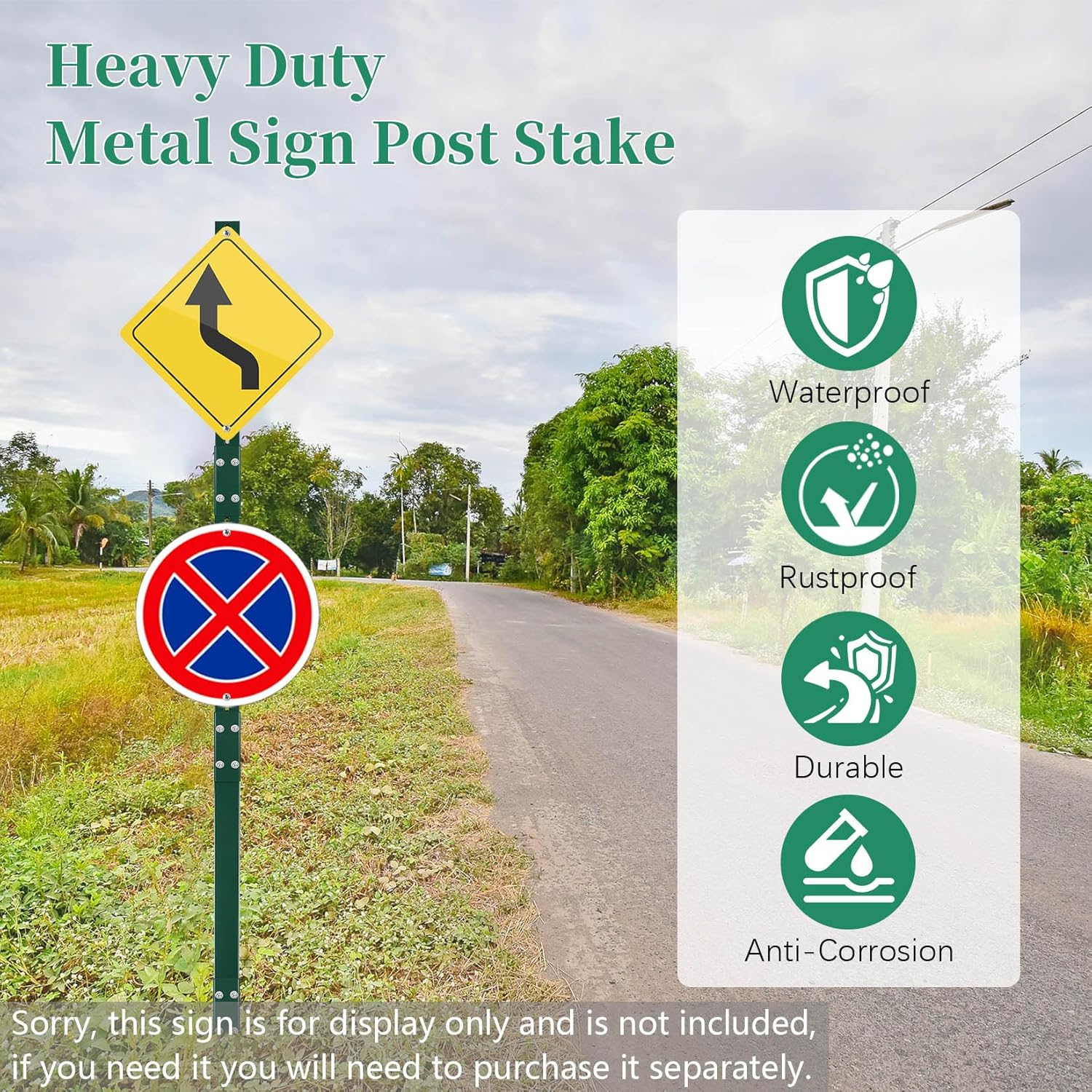 2 Pack 8 Feet Heavy-Duty Rust-Proof Metal Sign Stakes - Wind & Dust Resistant, Fits 7-18 Inch Yard/Road Signs (Green)‌