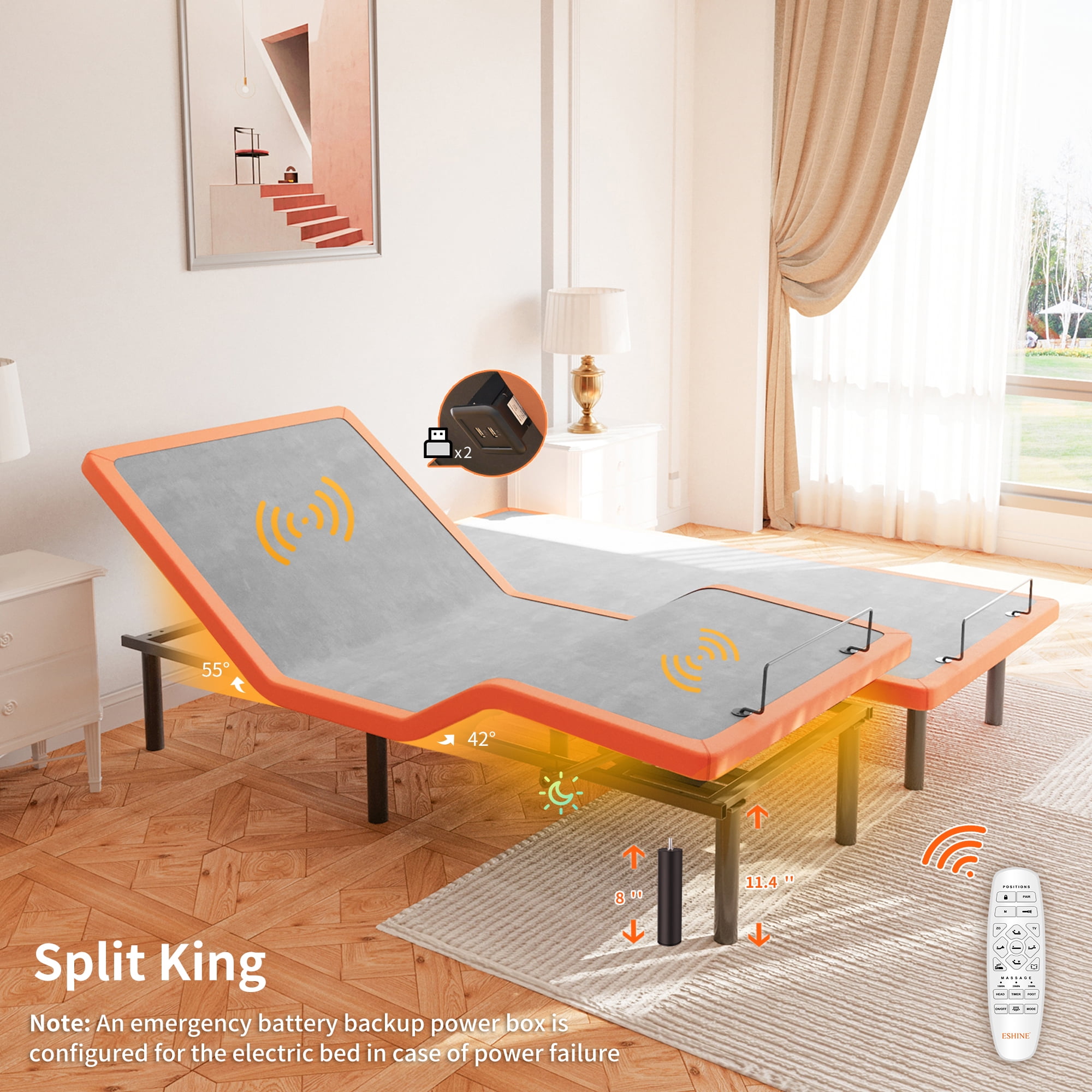 ESHINE Split King Adjustable Bed Frame, with Massage, Wireless Remote
