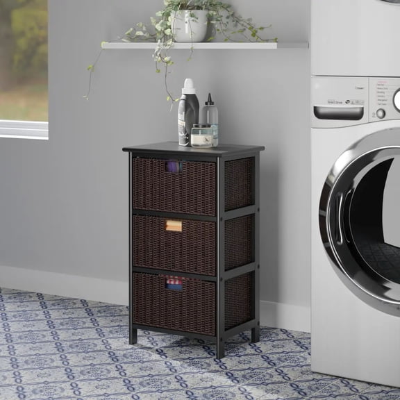 Contemporary Home Living Wooden Storage Rack with Three Foldable Baskets - 28.50 ”- Black