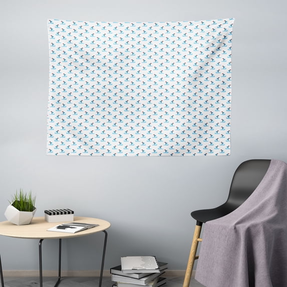 Blue Nautical Tapestry, Print of Minimalist Geometric Boats with Flag Oceanic Items Waves, Fabric Wall Hanging Decor for Bedroom Living Room Dorm, 5 Sizes, Blue Paprika and White, by Ambesonne