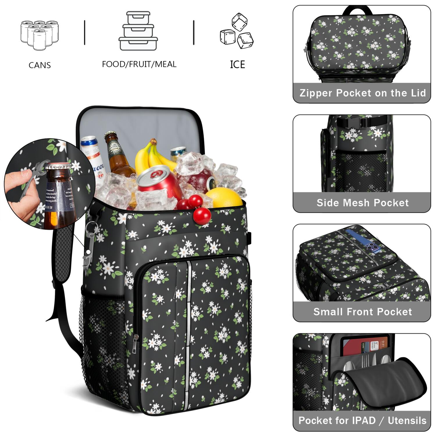 Travel Cooler Bag - Pioneer Flower Floral Print Pattern Camping Beer Cooler Backpack with Bottle Opener- Waterproof Insulated Picnic Backpacks - Cooler Bag for Beach