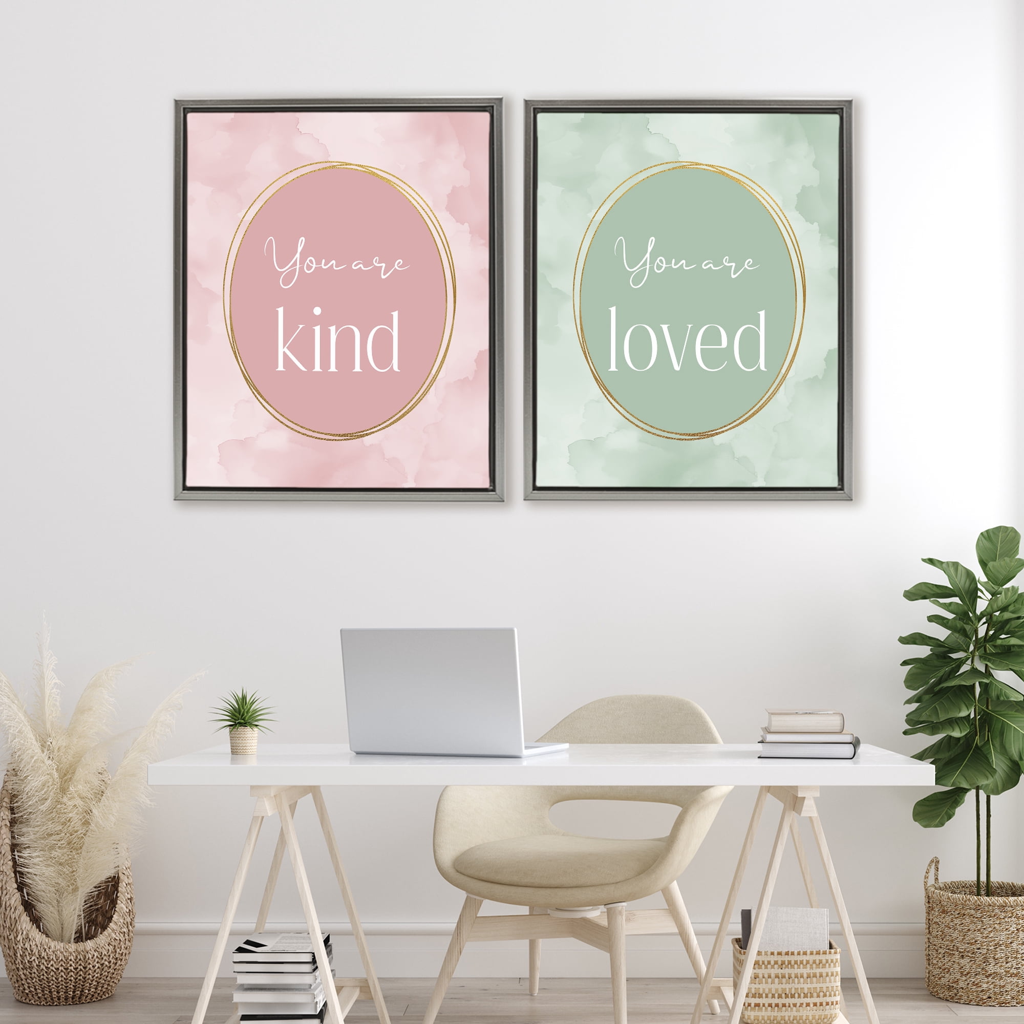 Stupell Industries Pastel Golden Affirmations 2 Piece Gray Framed Floater Canvas Set, design by Christine Simpson Art