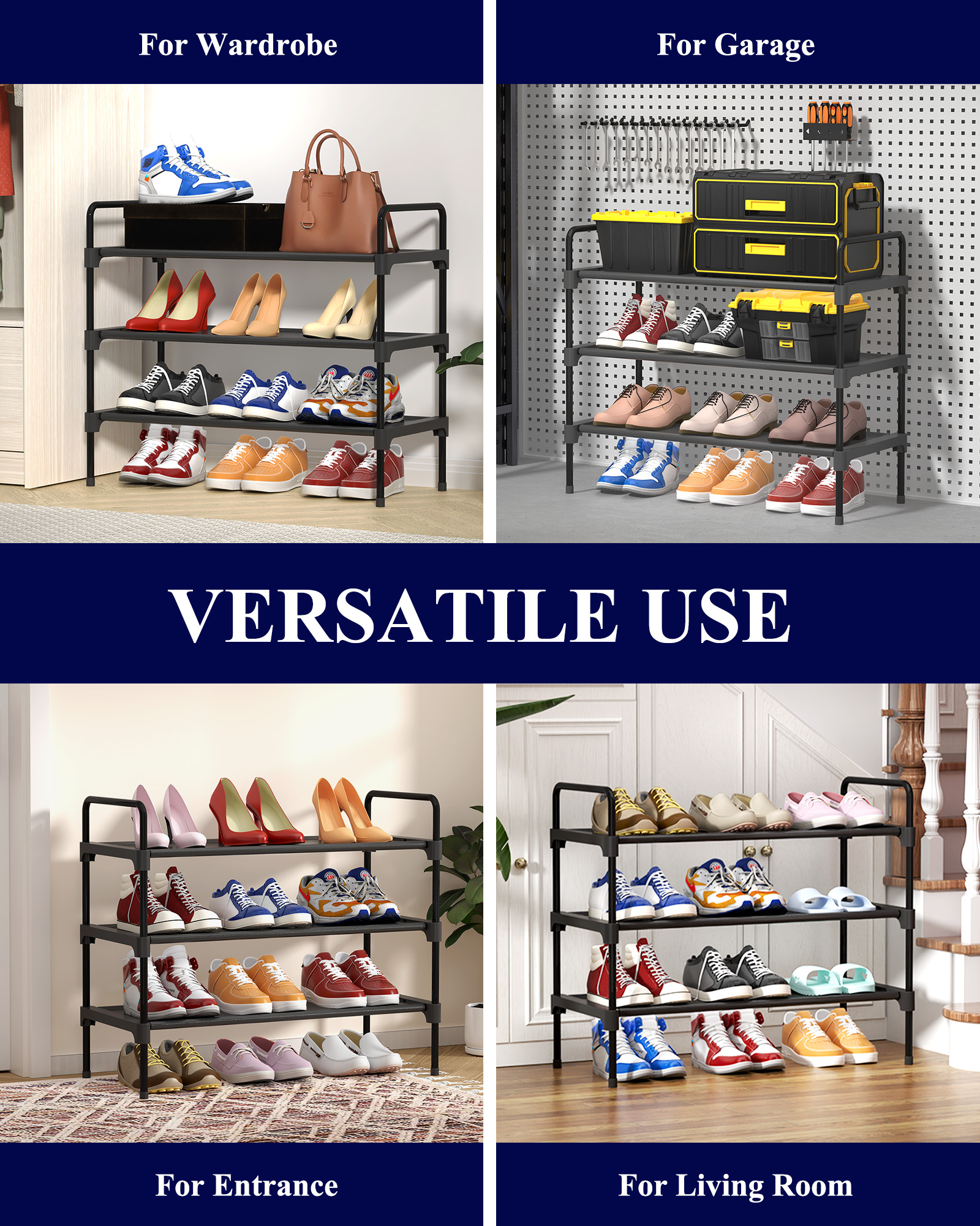 Kitsure 3-Tier Shoe Rack for Closet, Black photo 6