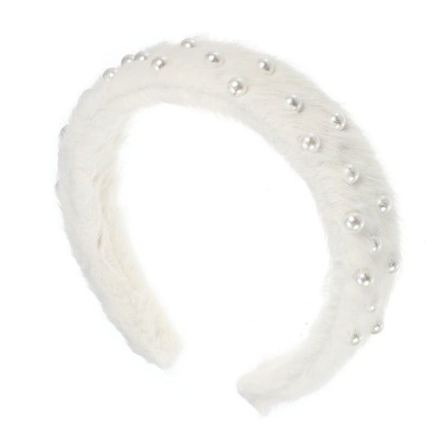 Diadema esponjosa y suave de Unique Bargains, banda para el cabello de color sólido para mujeres, bandas de cabello de perlas falsas, diadema suave y esponjosa blanca
