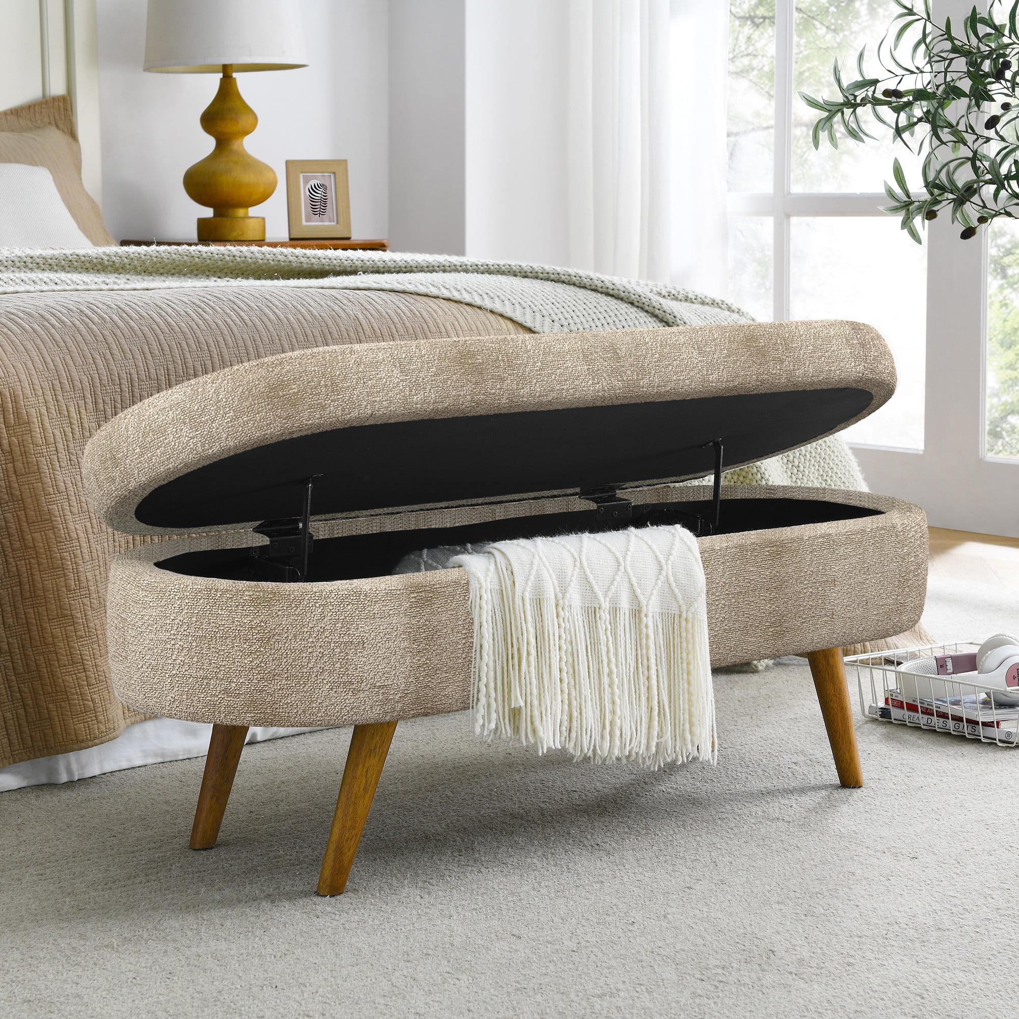 BSHTI Ottoman Oval Storage Bench,Rubber Wood Legs,Storage Bench with Cylindrical Arms and Iron Legs for Hallway Living Room Bedroom