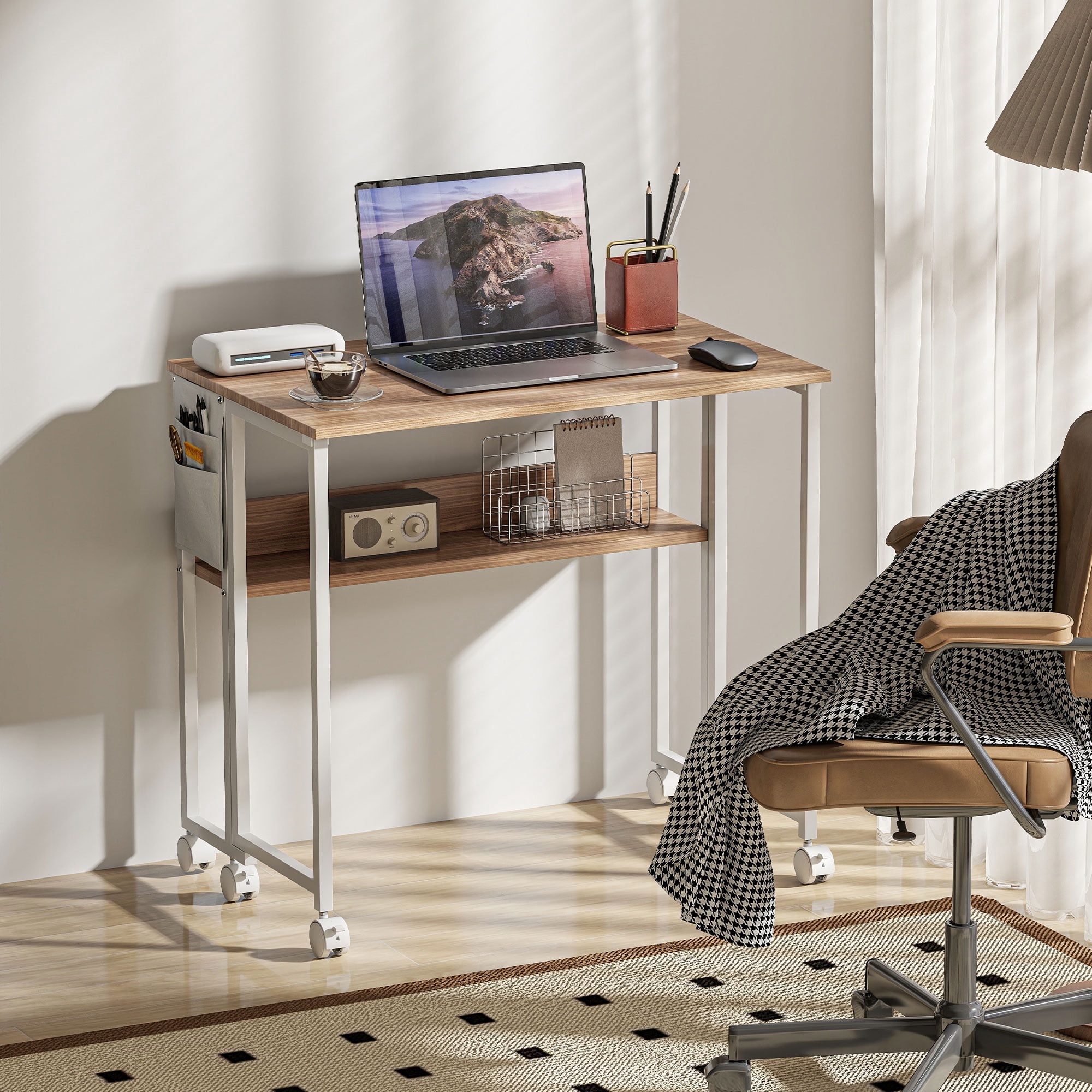 HOMCOM Small Folding Desk, 31.5" Foldable Computer Desk with Storage Bag, Shelf and Wheels for Small Spaces, Home Office, Easy Assembly, Natural Wood