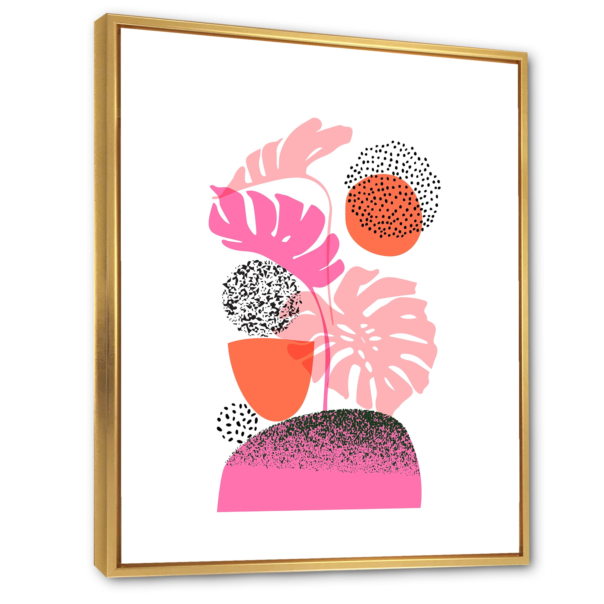 Designart 'Geometric Sun and Moon Shapes With Tropical Leaves' Modern Framed Canvas Wall Art Print