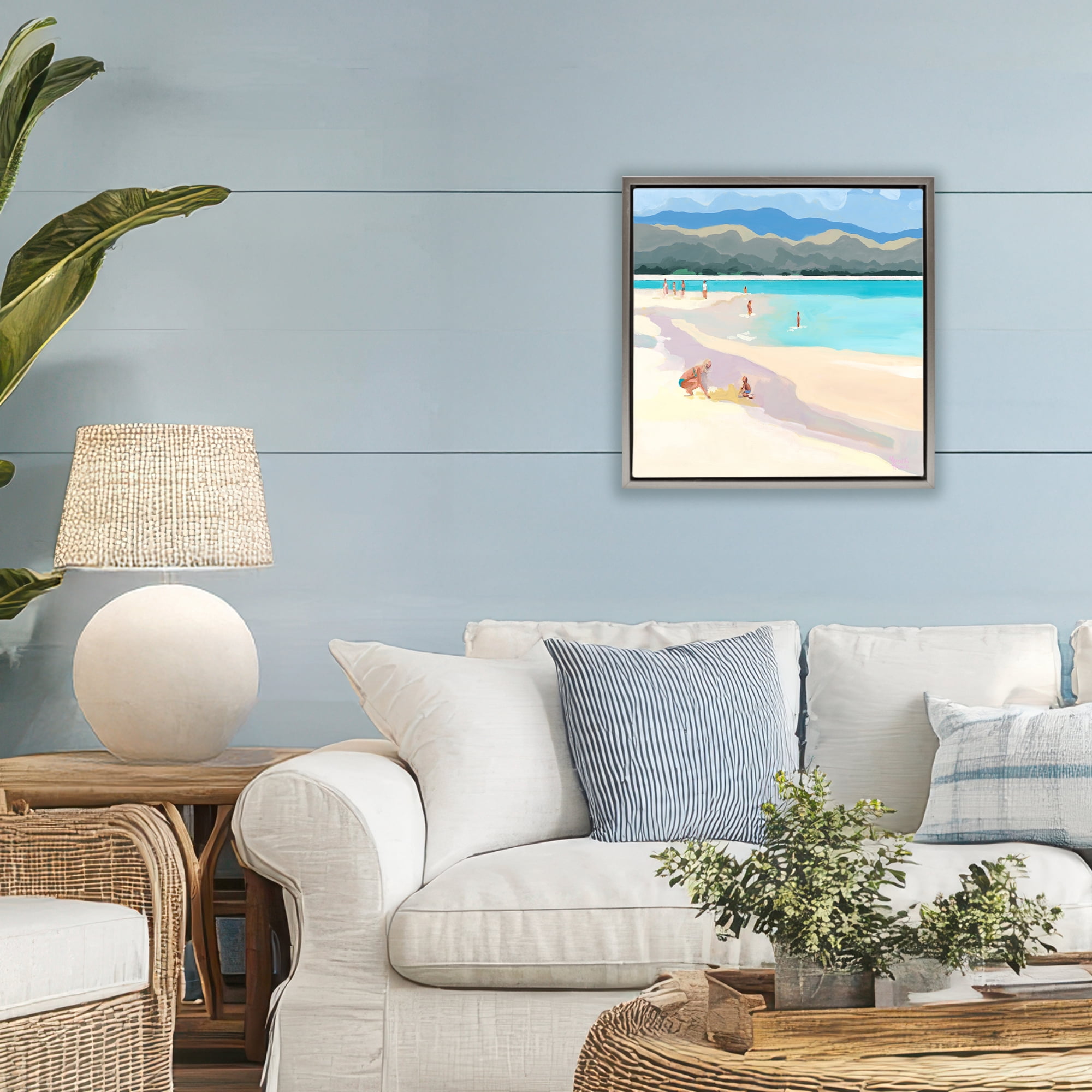 Stupell Industries Mother & Child Beach Scene Gray Framed Floater Canvas Wall Art, design by Meredith Howse