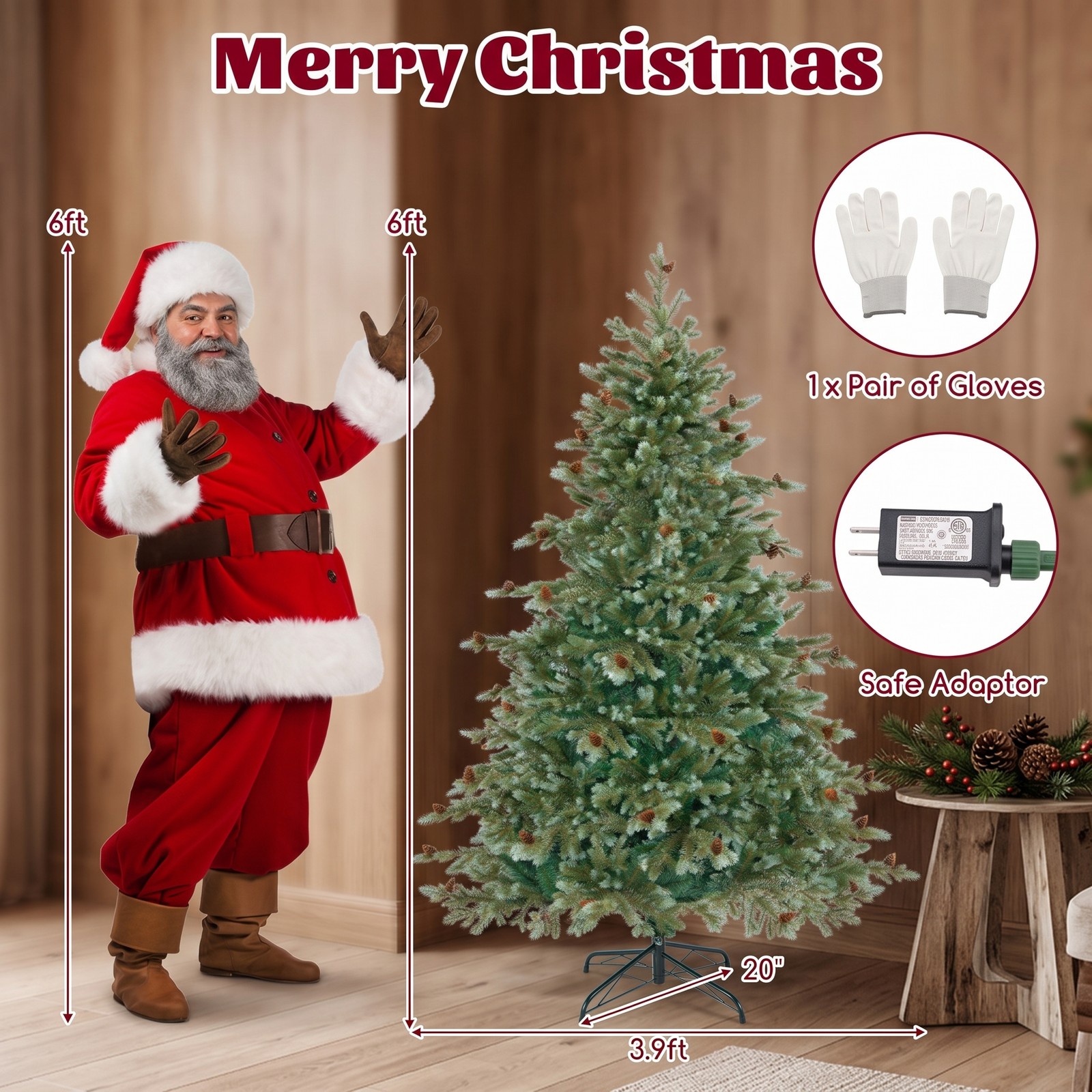 RUIE 6 FT Artificial Christmas Tree with 240 Warm White LED Lights and 53 Pine Cones, Pre-Lit Hinged Xmas Tree with Metal Stand for Home Office Holiday, Green