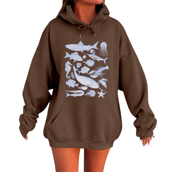 XIAONU Hoodies For Women Letter Print Drop Shoulder Hoodie Baggy Long Sleeve Oversized Drawstring Sweatshirt With Pockets