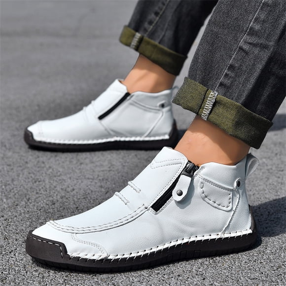 Espadrilles Montantes en Cuir pour Hommes/femmes, Bottes Chukka à la Cheville Cousues à la Main avec Fermeture Éclair Latérale, Mocassins Orthopédiques en Cuir Décontractés à Tige Haute, Confort, à Enfiler, Chaussures Plates d'Extérieur pour la Marche et la Conduite, Blanc 6.5