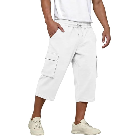 Men's Capri Long Elastic Cargo Shorts Below Knee 3/4 Casual with Multi-Pockets White 2XL