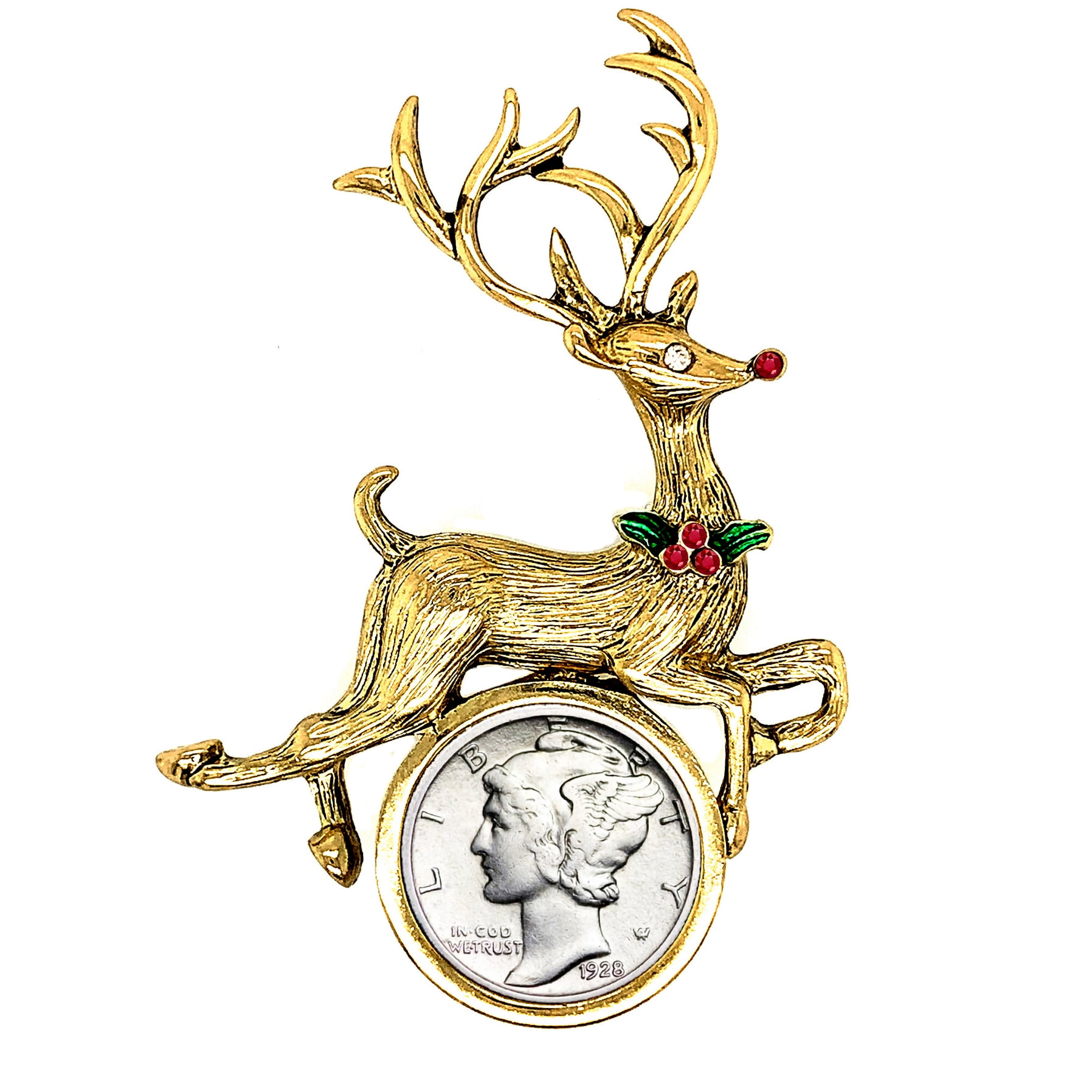 Irish Half Penny Coin Brooch - Reindeer Pin With Goldtone Bezel, Minted In Ireland