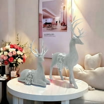 2pcs Art Deco Glitter Deer Figurines – Silver Beaded Resin Sculptures for Christmas, Thanksgiving, New Year. Elegant Tabletop Decor for Home, Study, Living Room.