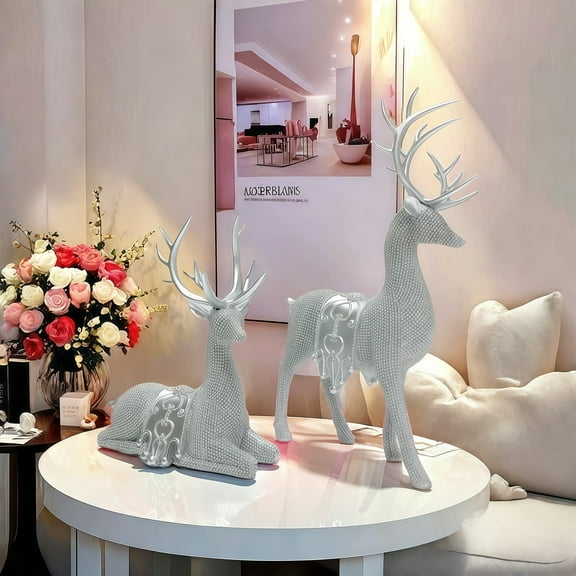 2pcs Art Deco Glitter Deer Figurines – Silver Beaded Resin Sculptures for Christmas, Thanksgiving, New Year. Elegant Tabletop Decor for Home, Study, Living Room.