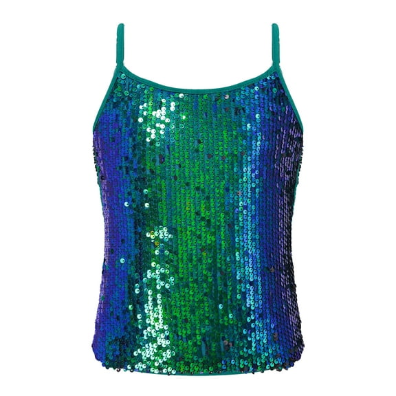 Lejafay Girls Shiny Sequins Spaghetti Straps Tank Top Camisole Jazz Hi Hop Dance Costume Green 6