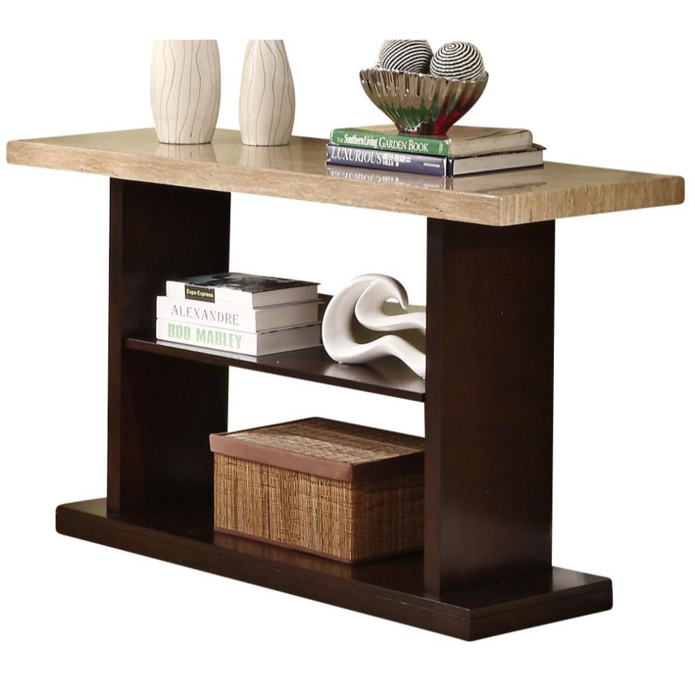 Contemporary Sofa Table With Faux Marble Top, Dark Cherry Brown & Beige
