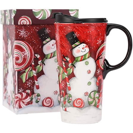 Coffee Ceramic Mug Porcelain Latte Tea Cup With Lid in Gift Box 17oz., Santa Snowman