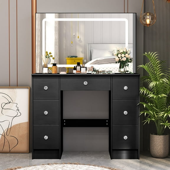 Teousev Large Makeup Vanity Dressing Table with LED Mirror, 3-Color Adjustable Lights & 7 Drawers, Black