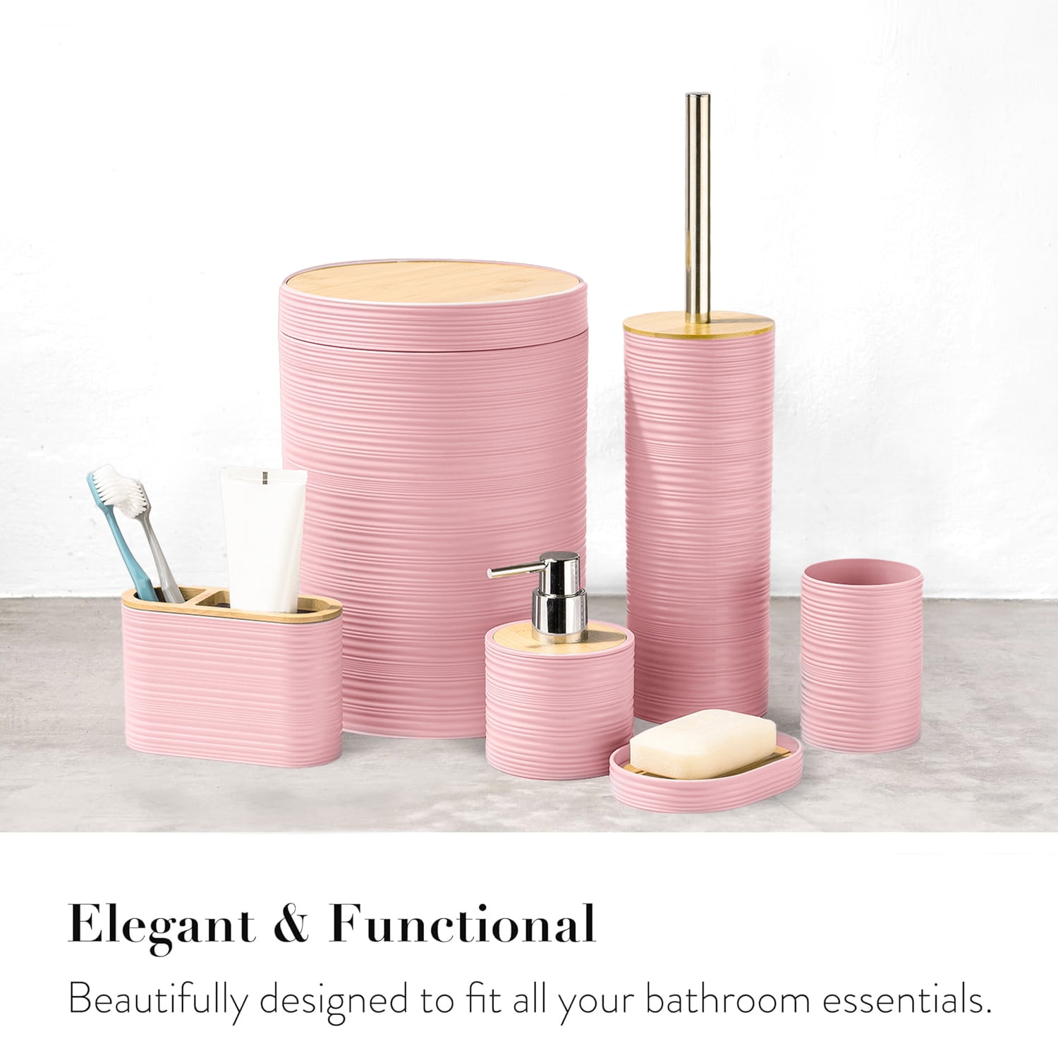 CERBIOR Bathroom Accessories Set 6 Pcs Bathroom Set Ensemble Complete Soap Dispenser Toothbrush Holder Tumbler Soap Dish Toilet Cleaning Brush Trash Can, Pink