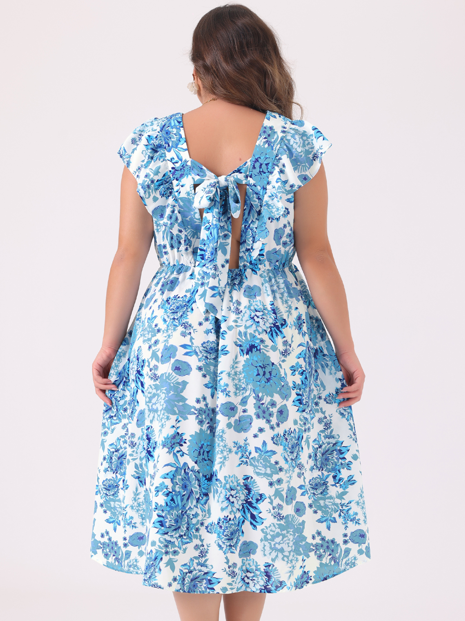 DARING DIVA Plus Size Floral Ruffle Short Sleeves Tie Back V Neck Dress 1X Blue
