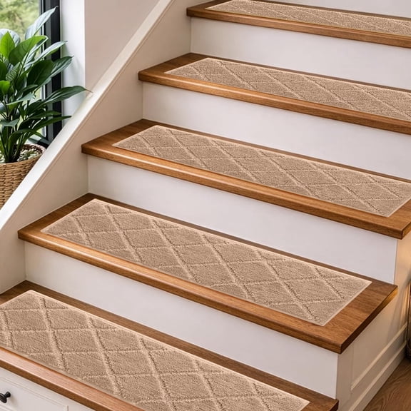 TERRALYX Stair Treads for Wooden Steps Indoor 30"x 8", 15Pcs Non Slip Peel and Stick Carpet Stair Treads, Self Adhesive Washable & Reusable Stair Runner Rug for Kids Elders Pets-Beige