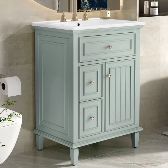 WGYPRIME 24" Bathroom Vanity with Sink, Bathroom Vanity Cabinet with Flip Drawer, Door and 2 Drawers, Solid Wood Single Sink Bathroom Vanity Combo