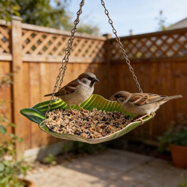 Comedero metálico para pájaros de exterior, de hierro forjado, para plantas de decoración de jardín, con forma de hoja, apto para pájaros pequeños.