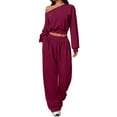 thumbnail image 2 of Homenesgenics 2-Piece Lounge Set Women Fashion Winter Solid Color Leisure Comfortable one-line Collar Loose Tight Waist Pull Rope Pocket Long Sleeve Loose Trousers Suit Red XL, 2 of 5