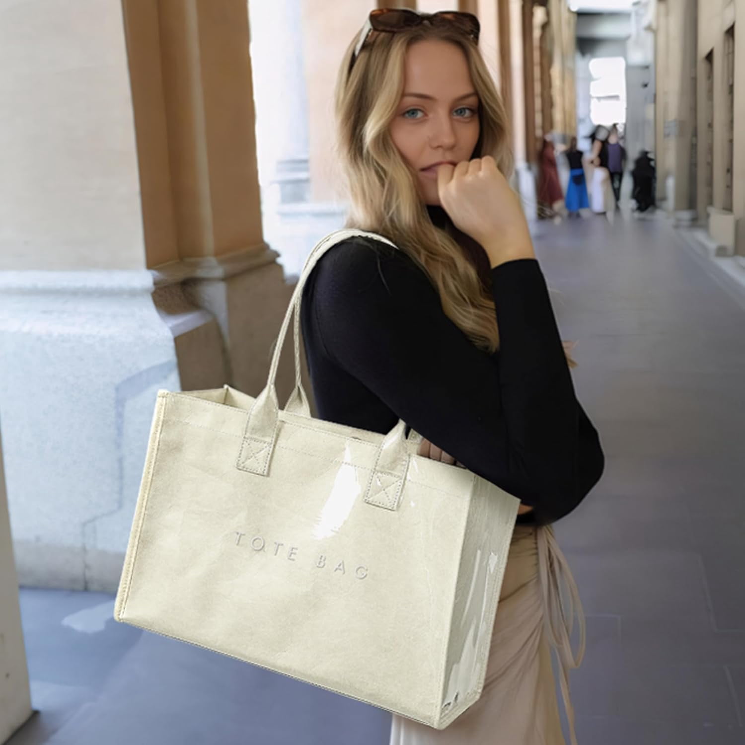 PVC Tote Bag for Women - Kraft Paper Work Handbags Purses with Top Handle（Beige）
