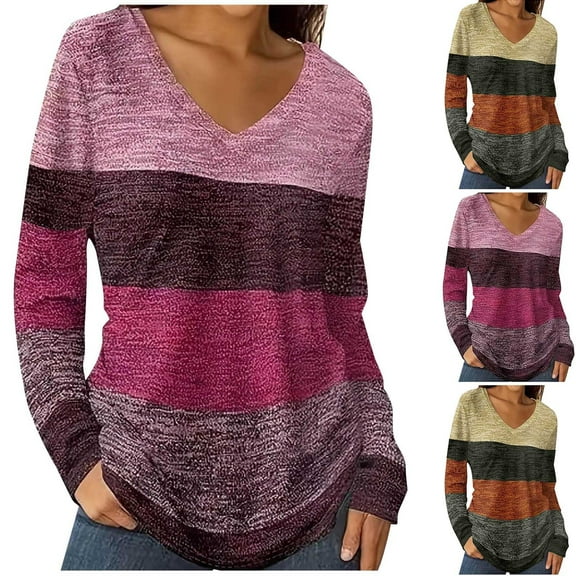 qolati Womens Long Sleeve Shirts Trendy V Neck Color Block Basic Tshirt Lightweight Fall Casual Striped Tee Tunics Tops Brown M