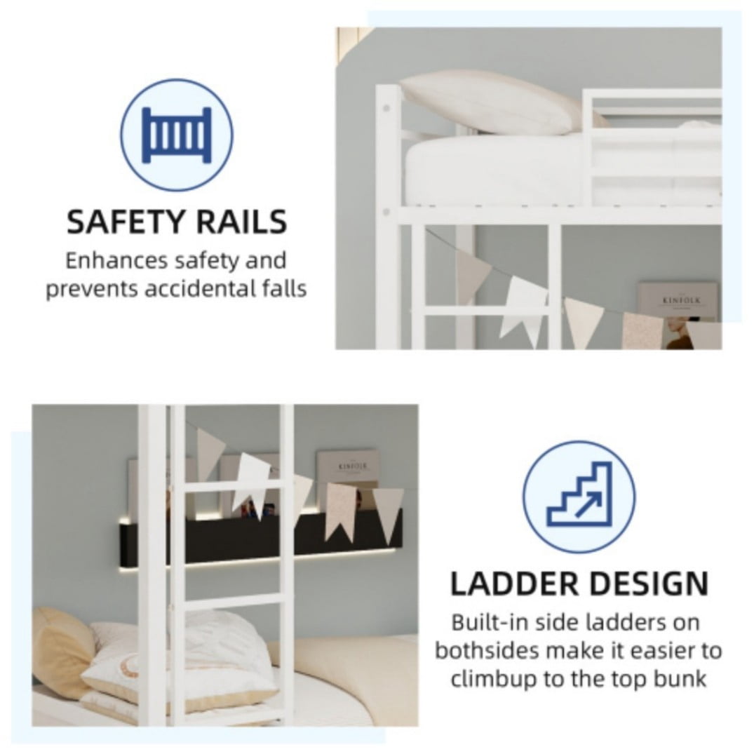 Twin Over Twin Metal Bunk Bed, Heavy-Duty Frame with 13" Guardrails, 3-Step Ladder, Noise-Reduced Slats, No Box Spring, White