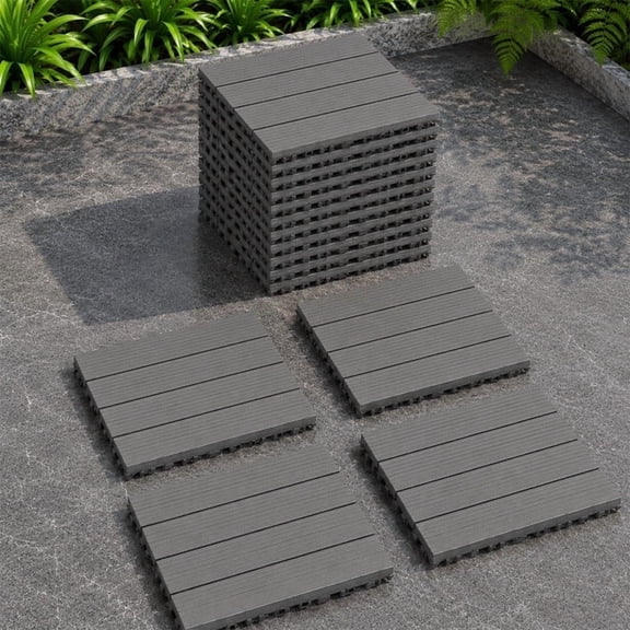 44 Pack Linear Slat Plastic Interlocking Deck Tiles, 12 x 12 in Waterproof PP Outdoor Flooring, Snap Together Patio Tiles, Covers 44 sq ft